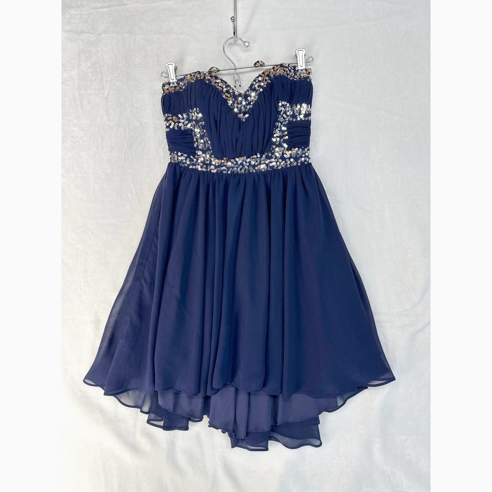 DEB Strapless Prom Dress‎ Junior Size 5 Navy Blue Silver Sequin PrincessEnergy
